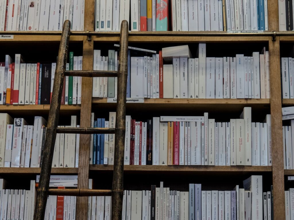 Libros colocados en distintos estantes.