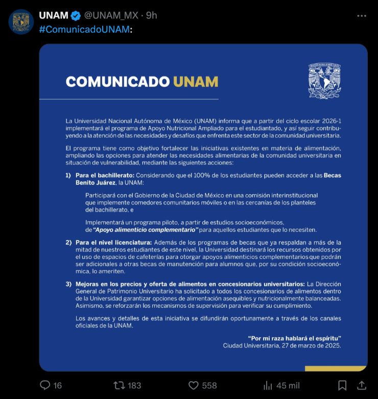 Comunicado UNAM programa alimentario